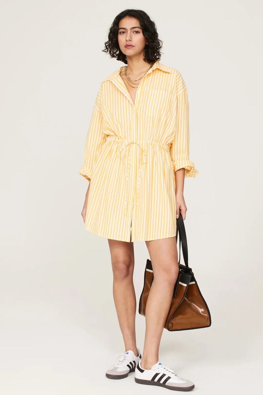 Pistola Yellow White Vertical Stripe Layla Cinch Waist Shirt Dress Collared XS